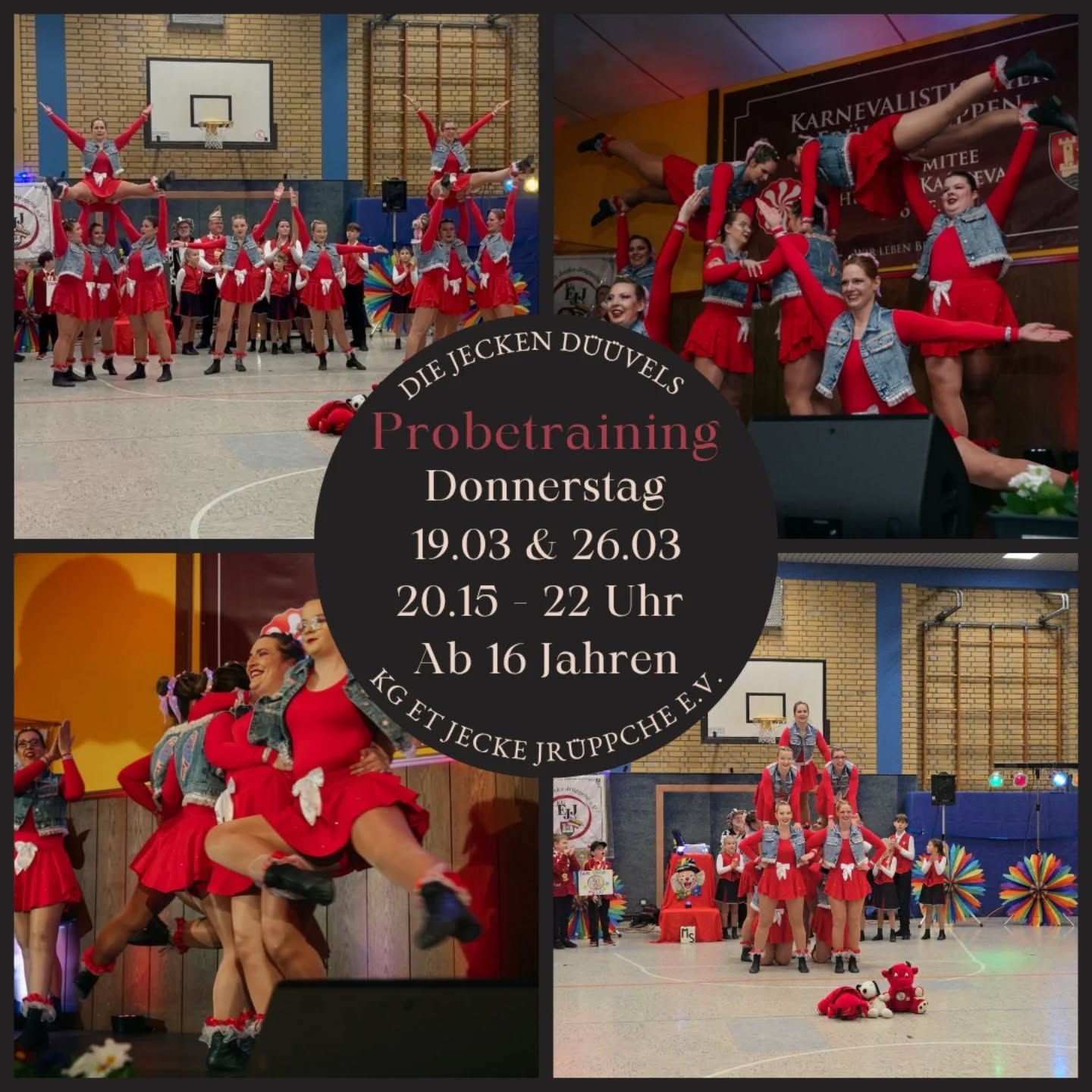 Du willst etwas Neues ausprobieren, dich verbessern oder einfach Spaß haben?
Dann komm zu uns!
Showtanzgruppe - Die Jecken Düüvels der KG Et Jecke Jrüppche e.V.

Unser Probetraining startet am 19.03.2026 und 26.03.2026 um 20.15 Uhr in der Grundschule Mondorf (Aula) für alle ab 16 Jahren

Egal ob Tanzerfahrung, Anfänger oder Profi

Jetzt ist der perfekte Moment, um loszulegen – wir freuen uns auf dich!

Eine kurze Anmeldung per Instagram, Facebook oder per Mail an: jeckeduuvels@gmail.com 

🗝 ab 16 Jahren 
🏘 Grundschule Mondorf (Aula)
⏲️ Donnerstags, 20.15 bis 22 Uhr

Bei Fragen einfach melden