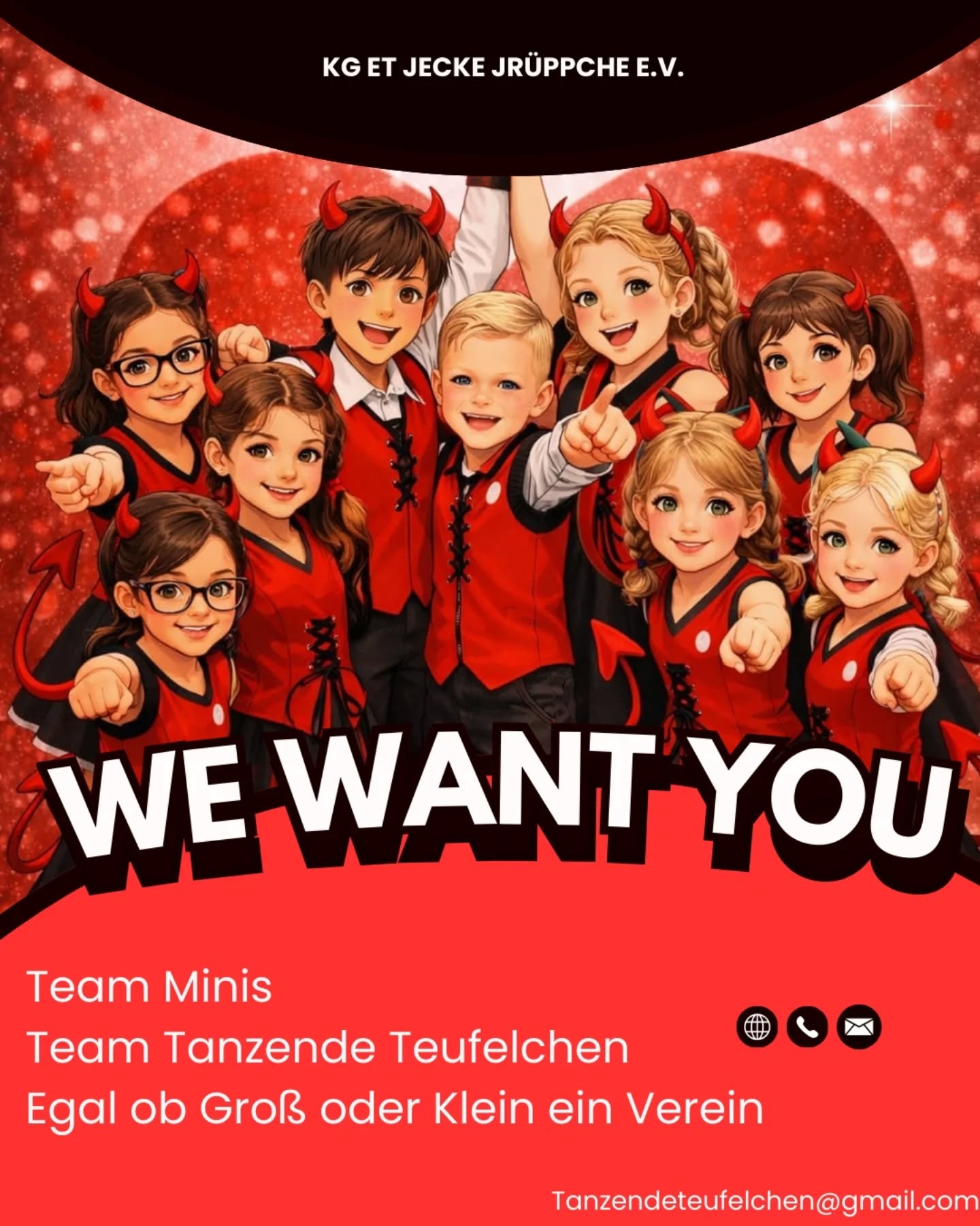 🔥😈 WIR SUCHEN DICH! 🔥😈

Du hast Spaß an Musik, Bewegung und Karneval?
Dann komm zum Probetraining beim Karnevalsverein
KG Et Jecke Jrüppche e.V. 🎉

👧🧒 MINIS (3–8 Jahre)
📍 Alte Schule Uckendorf
🕔 Mittwochs | 17:00 – 18:30 Uhr
📆 18.02.26 & 25.02.2026

👯‍♀️👯‍♂️ TANZENDE TEUFELCHEN (8–16 Jahre)
📍 Turnhalle Berliner Straße
🕕 Dienstags | 18:00 – 20:00 Uhr
📆 24.02.2026 & 03.03.2026

🕺 Gardetanz für Jungs & Mädchen 💃
Egal ob Anfänger oder mit Erfahrung – bei uns zählen Spaß, Teamgeist und Freude am Tanzen 🖤🤍❤️

📩 Interesse? Dann melde dich bei uns und komm vorbei!

Wir freuen uns auf viele neue kleine und große Tänzerinnen & Tänzer 🎶✨