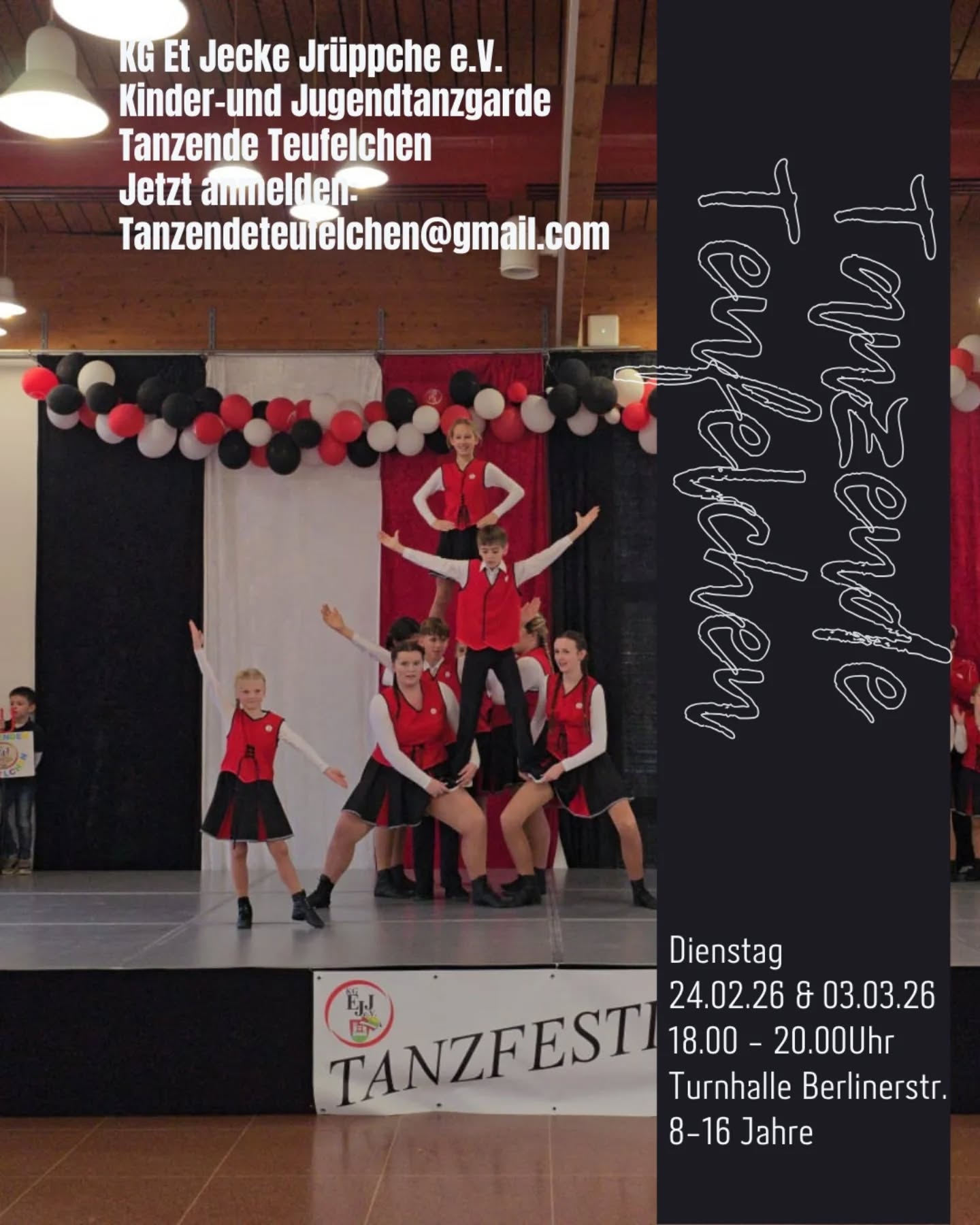 Du willst etwas Neues ausprobieren, dich verbessern oder einfach Spaß haben?
Dann komm zu unserem Probetraining!

Jetzt ist der perfekte Moment, um loszulegen – wir freuen uns auf dich!

Kinder- und Jugendtanzgarde 
🗝 ab 8 Jahren
🏘 Turnhalle Berlinerstr. (neben dem Schwimmbad)
⏲️ Dienstags von 18.00 bis 20 Uhr

Kurze Anmeldung per Mail, Instagram oder Facebook.

Neue Teufel braucht das Land