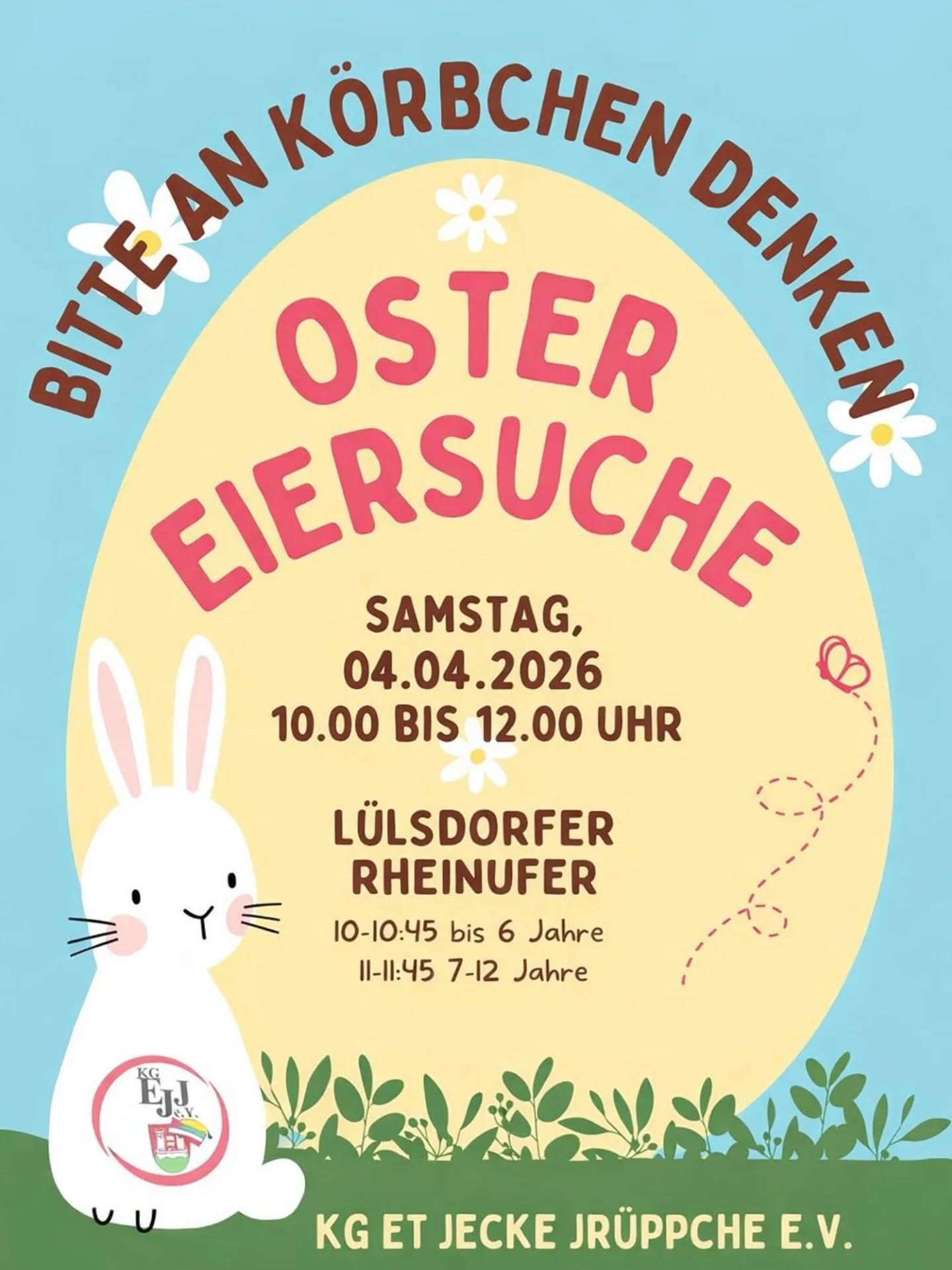 Alle Jahre wieder kommt der Osterhase an das Lülsdorfer Rheinufer. Hiermit laden wir alle Familien herzlich zu unserer Ostereiersuche ein.
An Ostersamstag, den 04.04.2026 ab 10 Uhr für Kinder bis 6 Jahre. Ab 11 Uhr für Kinder ab 7 Jahren.
Bitte denkt an das mitbringen eines eigenen Körbchens.
#Ostern #ostereiersuche #lülsdorferrheinufer #nichtnurkarneval #osterhase 
@die_tanzendenteufelchen