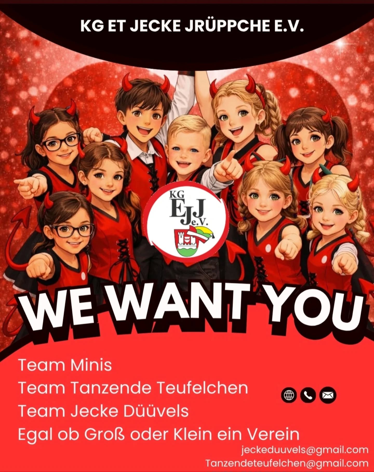 🔥😈 WIR SUCHEN DICH! 🔥😈

Du hast Spaß an Musik, Bewegung und Karneval?
Dann komm zum Probetraining beim Karnevalsverein
KG Et Jecke Jrüppche e.V. 🎉

👧🧒 MINIS (3–8 Jahre)
📍 Alte Schule Uckendorf
🕔 Mittwochs | 17:00 – 18:30 Uhr

👯‍♀️👯‍♂️ TANZENDE TEUFELCHEN (8–16 Jahre)
📍 Turnhalle Berliner Straße
🕕 Dienstags | 18:00 – 20:00 Uhr

💃🕺DIE JECKEN DÜÜVELS
(ab 16 Jahren)
📍 Grundschule Mondorf Aula
🕕 Donnerstags | 20:15 – 22:00 Uh

🕺 Garde- und Showtanz für Alle 💃
Egal ob Anfänger oder mit Erfahrung – bei uns zählen Spaß, Teamgeist und Freude am Tanzen 🖤🤍❤️

📩 Interesse? Dann melde dich bei uns und komm vorbei!

Wir freuen uns auf viele neue kleine und große Tänzerinnen & Tänzer 🎶✨