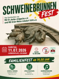 🎉🐷 SCHWEINEBRUNNEN FEST 2026 🐷🎉

Am Samstag, den 11.07.2026 wird der Ludwigsplatz in Lülsdorf wieder zum Treffpunkt für die ganze Familie! ☀️

Freut euch auf einen unvergesslichen Tag voller guter Stimmung, leckerem Essen, Musik und Spielspaß für Groß & Klein. ❤️💛💚

🕛 Beginn: 12:00 Uhr
🎈 Familienfest ab 14:00 Uhr
📍 Ludwigsplatz, Lülsdorf

Das erwartet euch:
🍖 Spanferkel, Kuchen, Slush Ice u.v.m.
🏰 Hüpfburg & Spieleparcours
🎶 Live-Musik & Rahmenprogramm

Gemeinsam veranstaltet von:
KG Et Jecke Jrüppche e.V. & KG Grün-Weiss Lülsdorf 1970 e.V.

Kommt vorbei, bringt Familie & Freunde mit und feiert mit uns das Schweinebrunnen Fest 2026! 🥳

#SchweinebrunnenFest #Lülsdorf #Familienfest #Sommerfest #Karneval
@kg.gruen.weiss.luelsdorf @huepfdohlen @die_tanzendenteufelchen @diejeckenduuvels @luelsdorfer.jungeunmaedcher