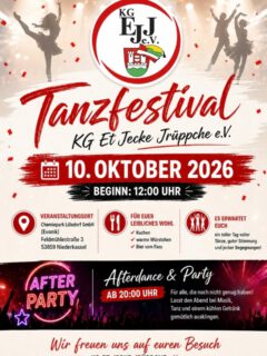 💃🕺 Tanzfestival 2026 – Seid dabei! 🎉
Am 10. Oktober 2026 ist es endlich soweit! Wir laden euch herzlich zu einem unvergesslichen Tag voller Tanz, guter Stimmung und jecker Begegnungen ein.
📍 Ort: Chemiepark Lülsdorf GmbH, Feldmühlestraße 3, 53859 Niederkassel
🕛 Beginn: 12:00 Uhr
🍰 Für euer leibliches Wohl ist bestens gesorgt: 🌭 🍰 🍺
🎶 Und das Beste:
Ab 20:00 Uhr geht's weiter mit unserer Afterdance & Party! Lasst den Abend gemeinsam bei Musik, Tanz und kühlen Getränken ausklingen. 🥳
📅 Merkt euch den Termin und kommt vorbei – wir freuen uns auf einen großartigen Tag mit euch!
❤️ Wir freuen uns auf euren Besuch!
#Tanzfestival #Afterparty #Savethedate #Tanzsport #Karneval