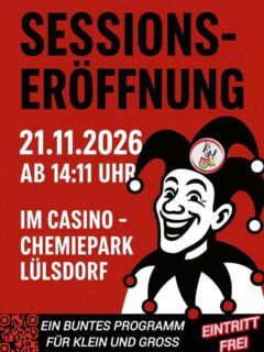 🎭❤️ JECKE OPJEPASS – ET JEHT WIDDER LOSS! ❤️🎭

🥳 Wir laden zur Sessionseröffnung ein! 🥳

Endlich heißt es wieder: Kostüm an, gute Laune einpacken und gemeinsam die fünfte Jahreszeit feiern! 🎉🍻

📅 Samstag, 21.11.2026
⏰ Ab 14:11 Uhr
📍 Cassino – Chemiepark Lülsdorf
🎟️ Eintritt FREI!

Freut euch auf ein buntes Programm für Klein und Groß, jede Menge Spaß, karnevalistische Stimmung und natürlich ganz viel jeckes Hätz! ❤️🖤

Egal ob kleine Nachwuchsjecken oder alte Karnevalshasen – bei uns wird zusammen gefeiert! 🥳

Also schnappt euch eure Familie, Freunde und alle, die genauso jeck sind wie wir!

Mir freue uns op üch! ❤️🎭

#fünftejahreszeit #Sessionseröffnung2026 #Karneval #Alaaf #JeckesHätz