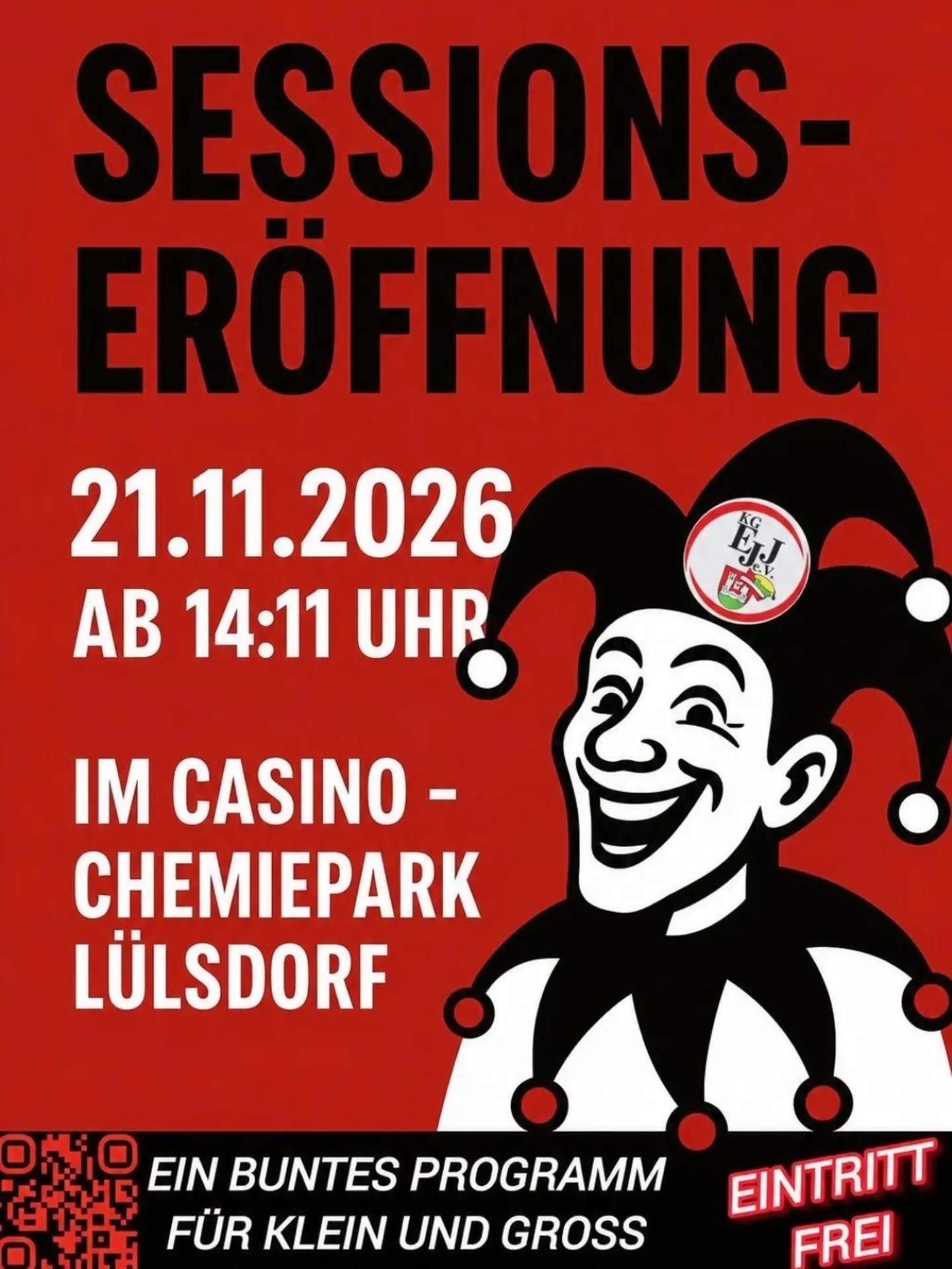🎭❤️ JECKE OPJEPASS – ET JEHT WIDDER LOSS! ❤️🎭

🥳 Wir laden zur Sessionseröffnung ein! 🥳

Endlich heißt es wieder: Kostüm an, gute Laune einpacken und gemeinsam die fünfte Jahreszeit feiern! 🎉🍻

📅 Samstag, 21.11.2026
⏰ Ab 14:11 Uhr
📍 Cassino – Chemiepark Lülsdorf
🎟️ Eintritt FREI!

Freut euch auf ein buntes Programm für Klein und Groß, jede Menge Spaß, karnevalistische Stimmung und natürlich ganz viel jeckes Hätz! ❤️🖤

Egal ob kleine Nachwuchsjecken oder alte Karnevalshasen – bei uns wird zusammen gefeiert! 🥳

Also schnappt euch eure Familie, Freunde und alle, die genauso jeck sind wie wir!

Mir freue uns op üch! ❤️🎭

#fünftejahreszeit #Sessionseröffnung2026 #Karneval #Alaaf #JeckesHätz